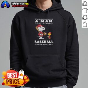 Nice The Peanuts X St. Louis Cardinals hoodie featuring 'Never Underestimate A Man Who Plays Baseball In His Seventies' design.