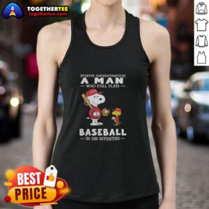 Nice the Peanuts x St. Louis Cardinals tank top featuring 'Never Underestimate a Man Who Plays Baseball in His Seventies.'