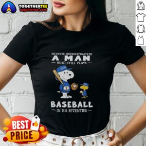 Nice The Peanuts x Texas Rangers tee for ladies: 'Never Underestimate A Man Who Still Plays Baseball in His Seventies'