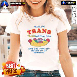 Funny ladies tee featuring 'Nice Yeah Im Trans' with a hot dog graphic, perfect for LGBTQ+ pride and casual wear.