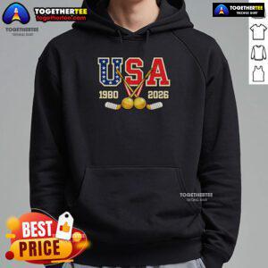 Alt Text: Vintage USA Champions hoodie featuring 1980 and 2026 hockey designs, perfect for fans and collectors.