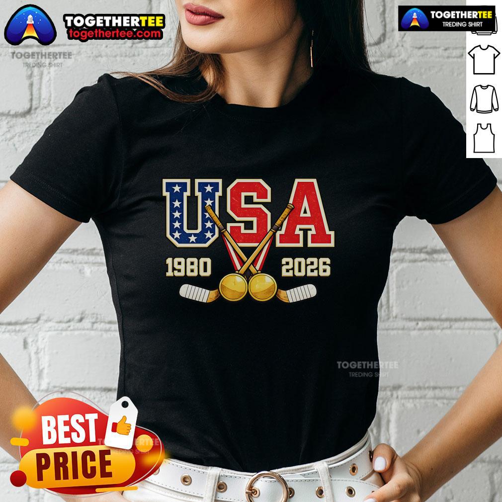 Official 1980 and 2026 Hockey Vintage USA Champions Ladies Tee showcasing patriotic design and classic style.