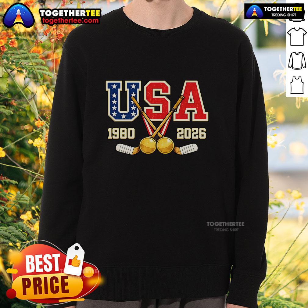 Vintage USA Champions sweatshirt featuring 1980 and 2026 hockey designs, perfect for sports fans and collectors.