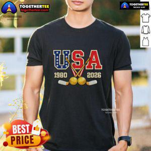Alt Text: Official 1980 and 2026 Hockey Vintage USA Champions T-Shirt showcasing iconic designs celebrating USA hockey history.
