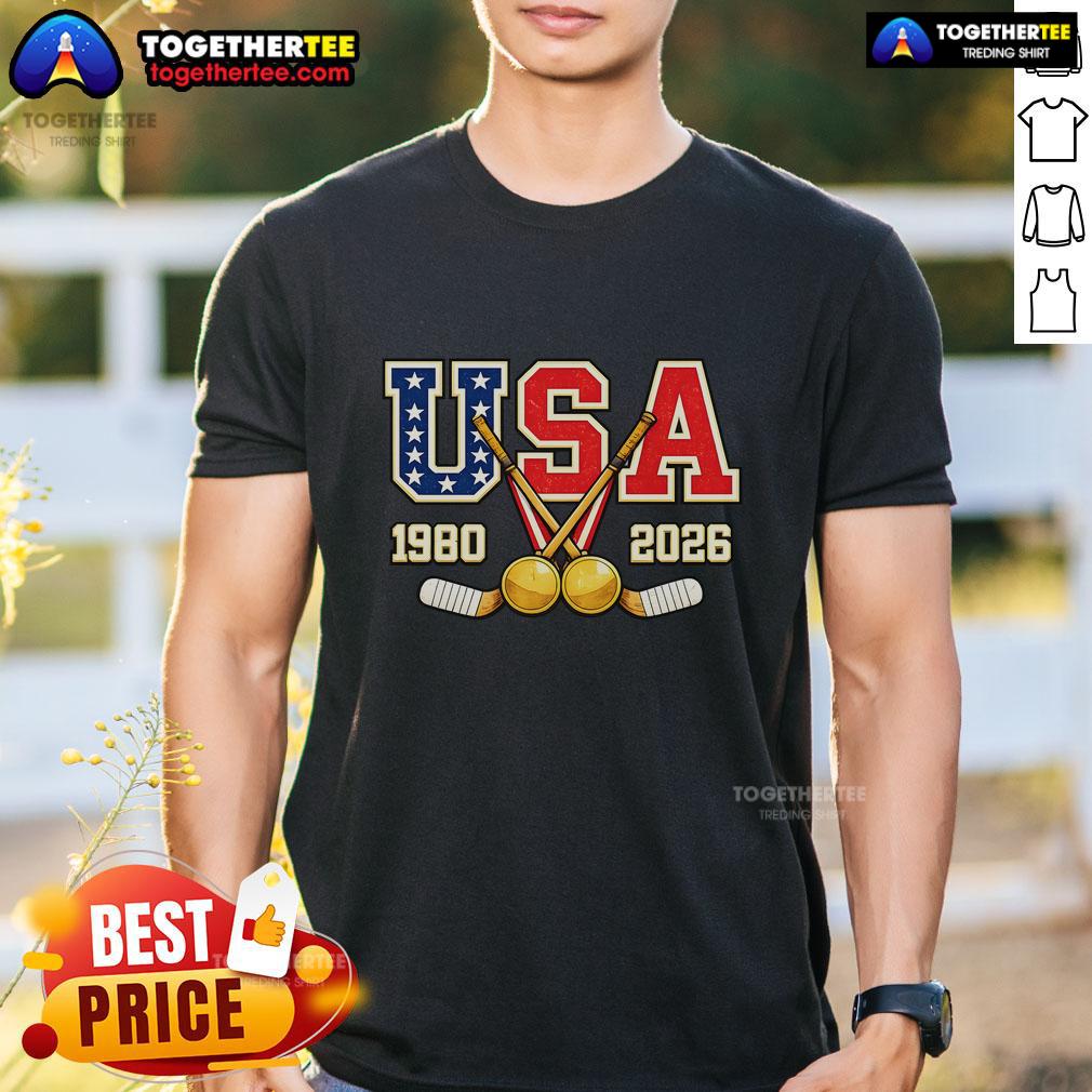 Alt Text: Official 1980 and 2026 Hockey Vintage USA Champions T-Shirt showcasing iconic designs celebrating USA hockey history.