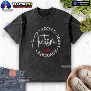 Official Autism Awareness Accept Adopt Advocate washed t-shirt in light blue, promoting inclusivity and support for autism.