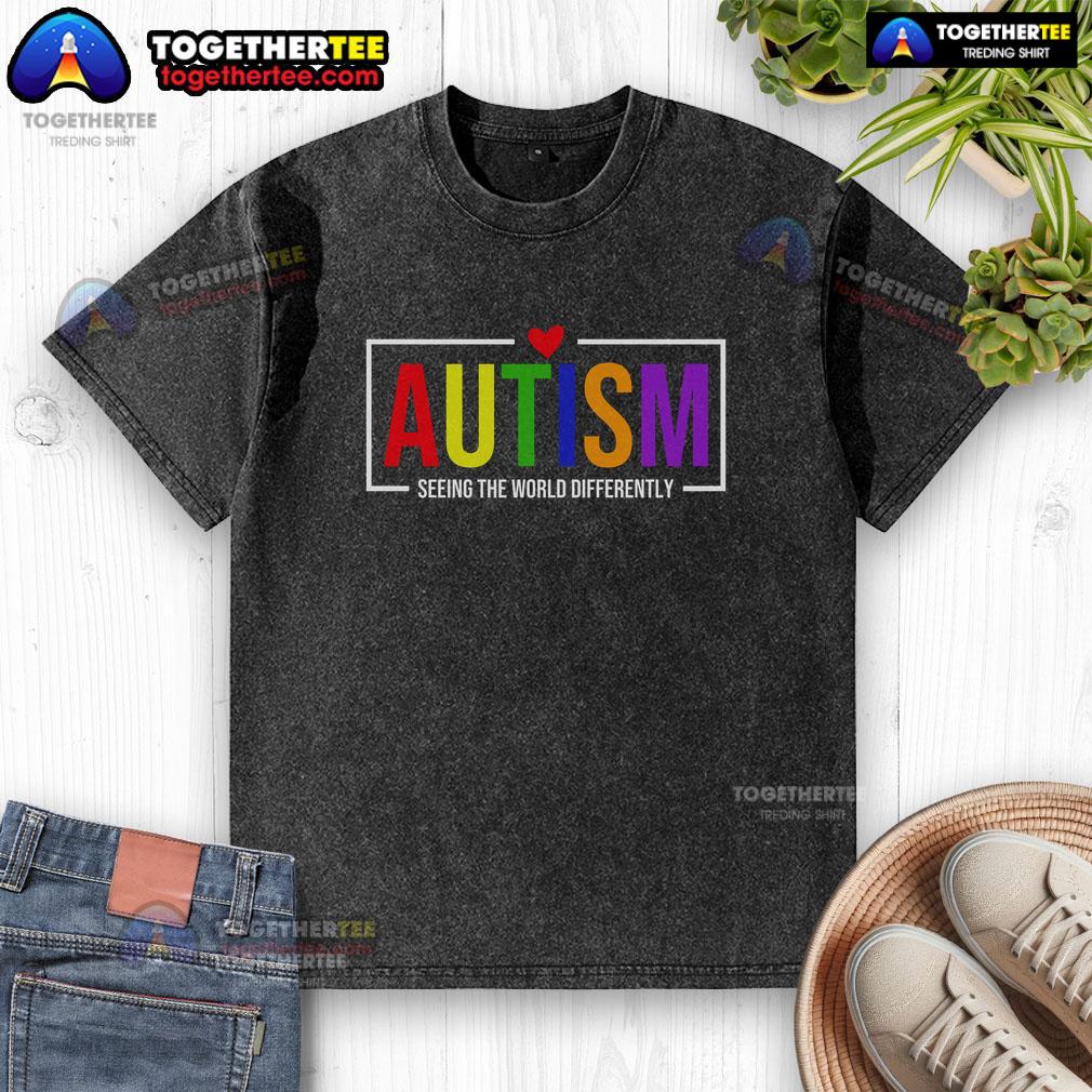 Official Autism Seeing The World Differently washed t-shirt featuring a unique design for autism awareness and support.