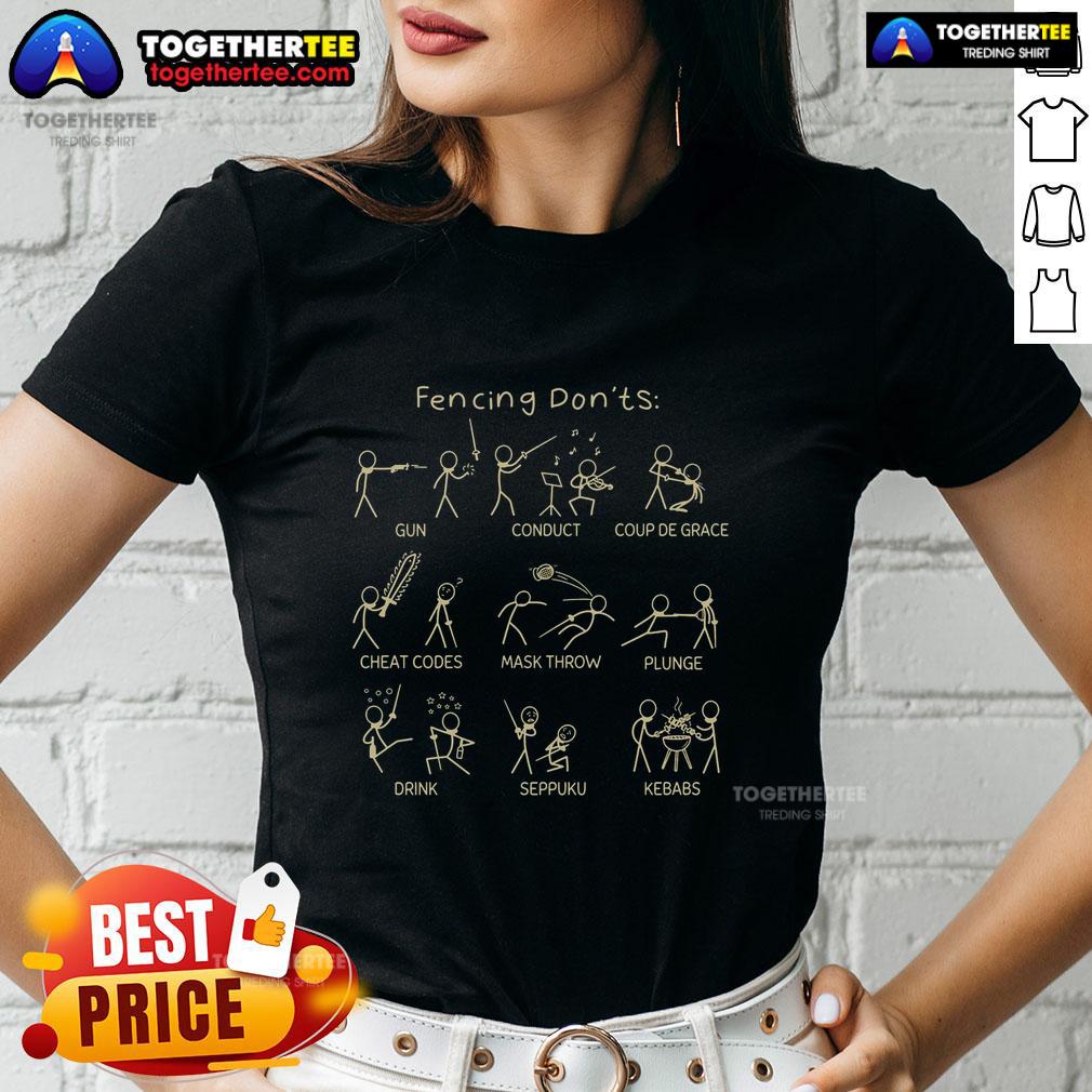 Funny fencing stickman graphic on an Official Fencing Don'ts ladies tee, perfect for fencing enthusiasts and humor lovers.
