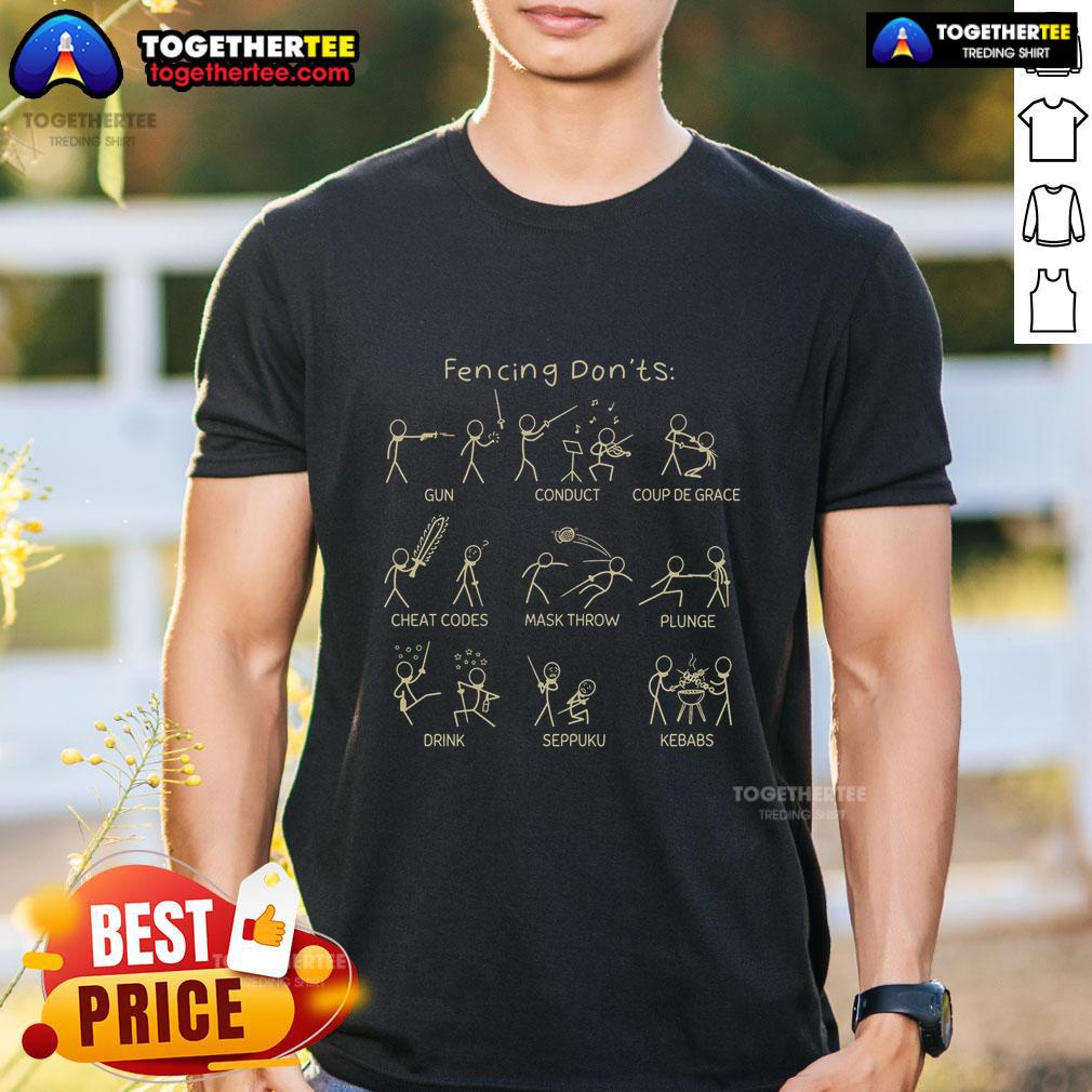 Funny Fencing Don'Ts Stickman T-Shirt design showcasing humorous fencing tips for enthusiasts and fans of the sport.