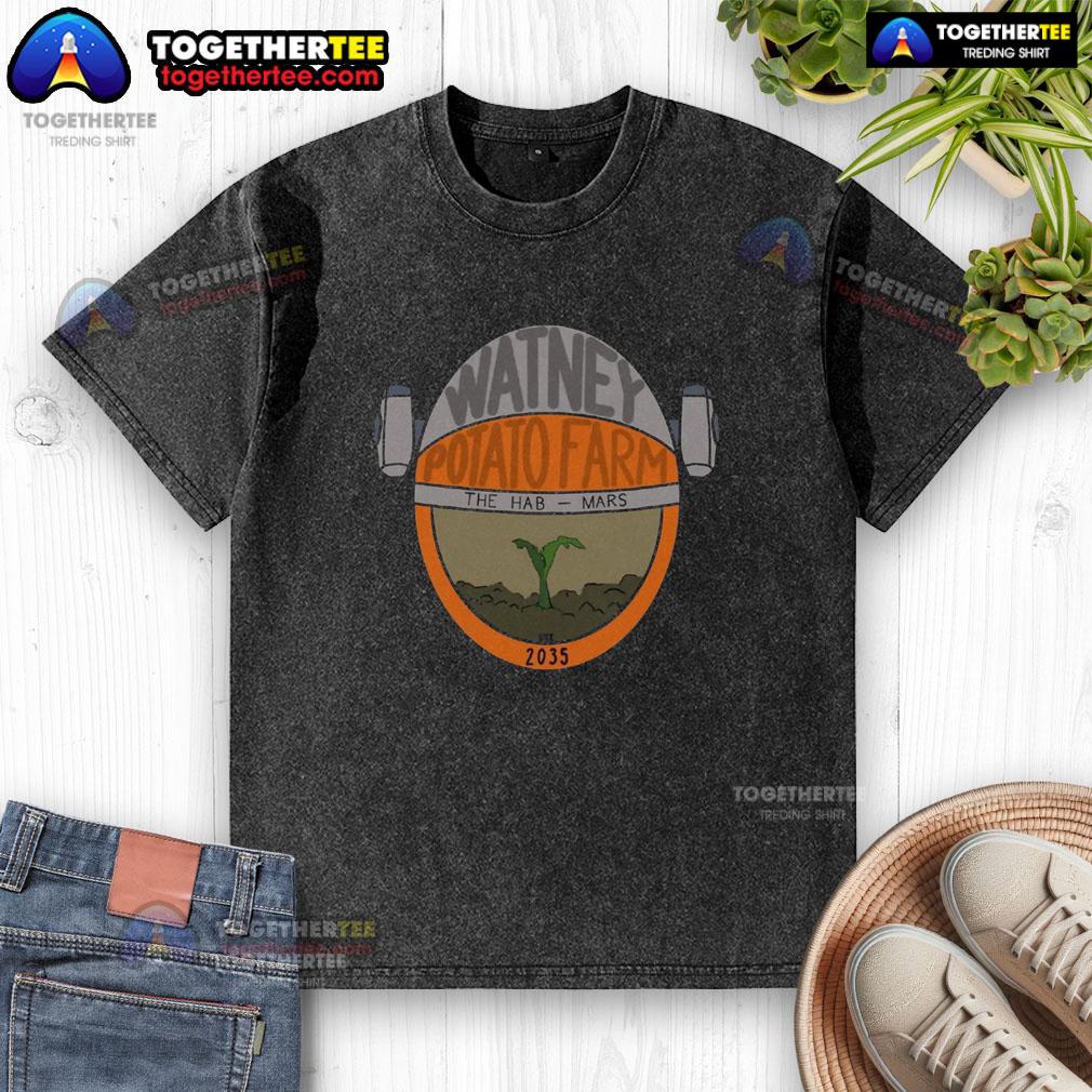 Alt Text: Official Watney Potato Farm The Hab Mars Est 2035 washed t-shirt featuring a vintage design and space-themed graphics.