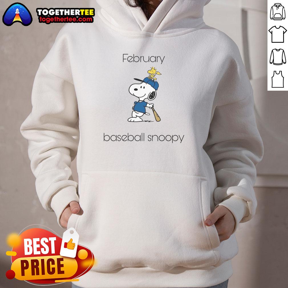 Original February Baseball Snoopy Woodstock hoodie featuring vibrant graphics of Snoopy and Woodstock on a cozy design.