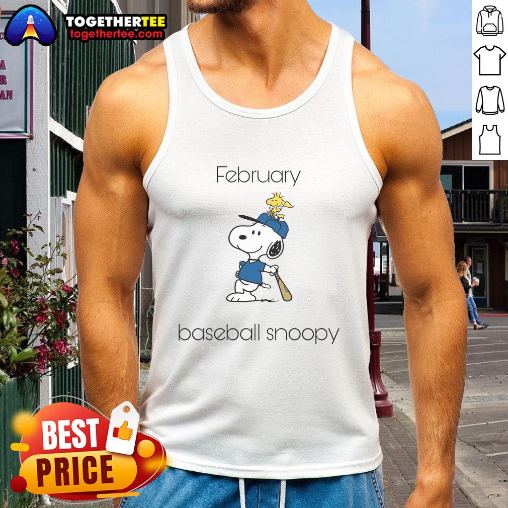 Original February Baseball Snoopy Woodstock tank top featuring colorful graphics of Snoopy and Woodstock in baseball attire.