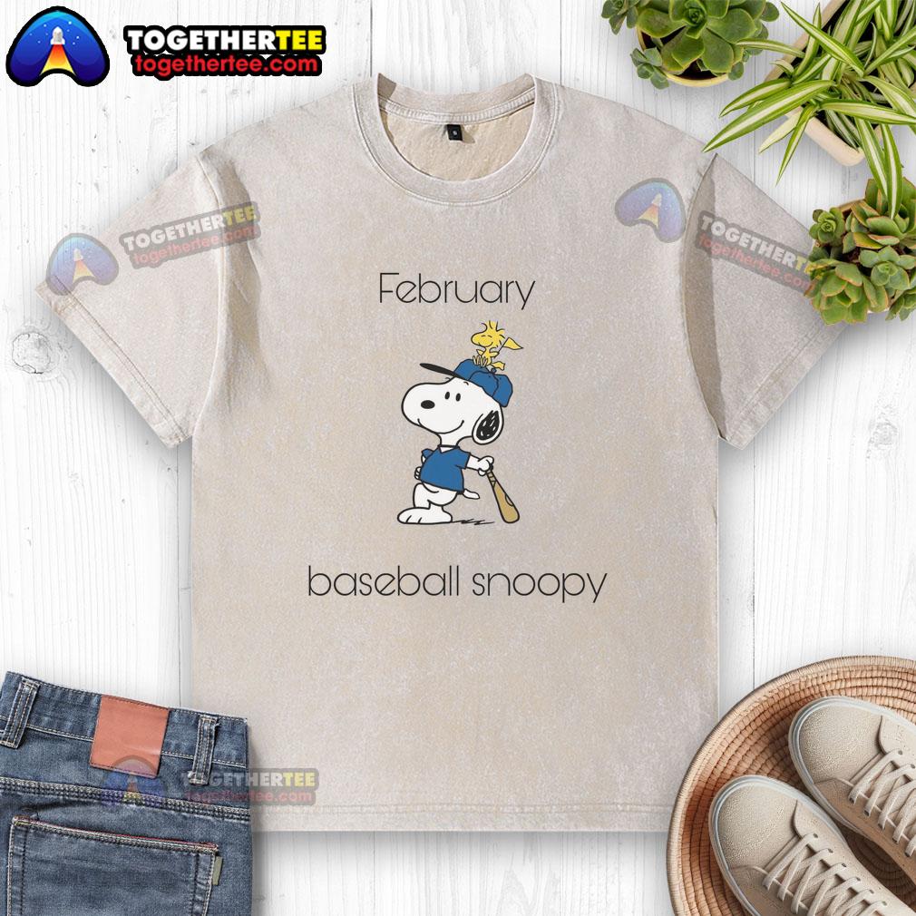 Original February baseball Snoopy Woodstock washed t-shirt featuring vibrant graphics and soft fabric for comfort.