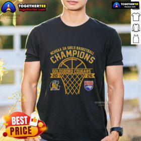Alt Text: Original Goldsboro Cougars NCHSAA 3A Girls Basketball Champions T-Shirt featuring team logo and championship details.