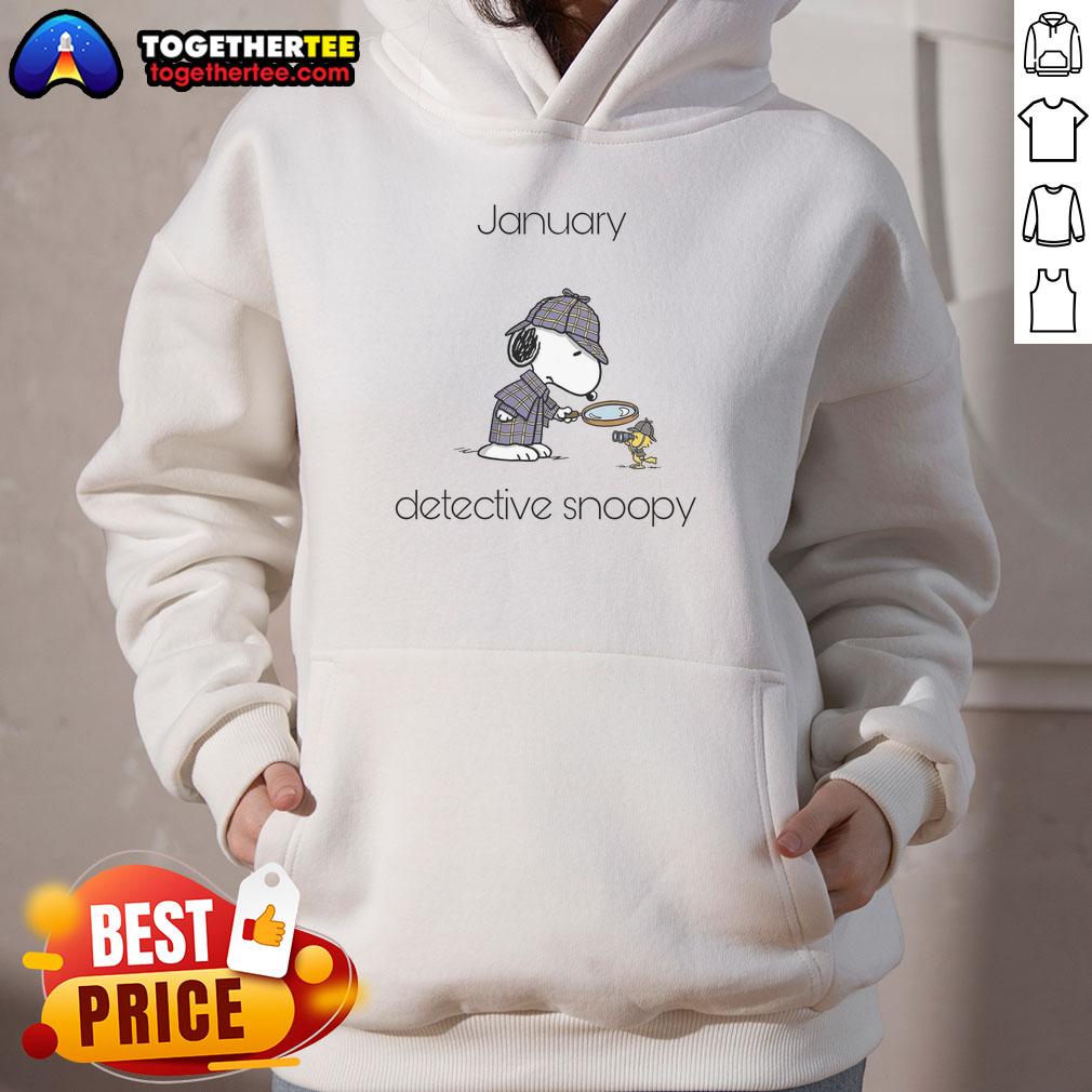 Original January Detective Snoopy and Woodstock hoodie featuring vibrant graphics and cozy design for fans.