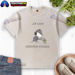 Alt Text: Original January Detective Snoopy and Woodstock design on a washed t-shirt, perfect for Peanuts fans.
