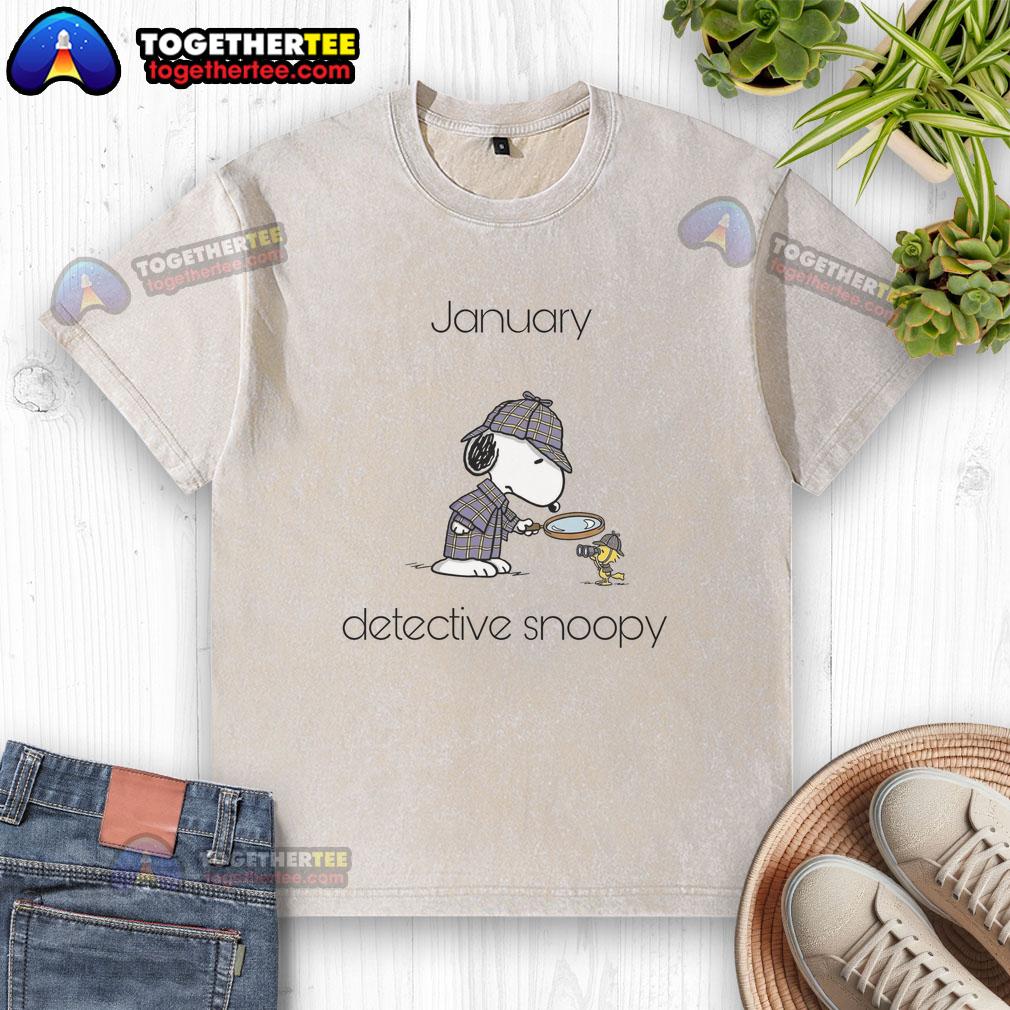 Alt Text: Original January Detective Snoopy and Woodstock design on a washed t-shirt, perfect for Peanuts fans.