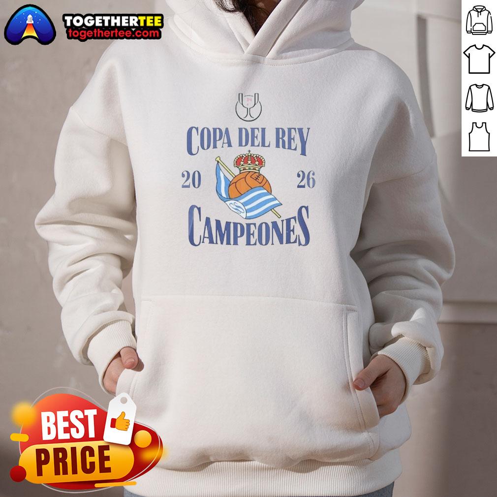 Original Real Sociedad Copa del Rey Campeones 2026 hoodie featuring team logo and vibrant colors, perfect for fans.