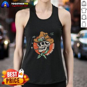 Funny cowboy skeleton in a tank top with 'Premium No Bad Days' slogan, perfect for casual summer wear.