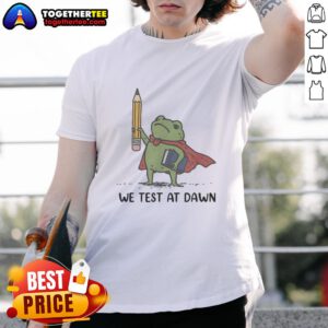 Alt Text: Premium teacher frog holding a giant pencil and calculus book on a We Test at Dawn t-shirt design.