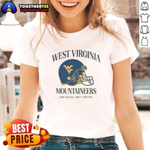 Premium West Virginia University Football Mountaineers 'Earn It Together' ladies tee in navy blue, perfect for fans.