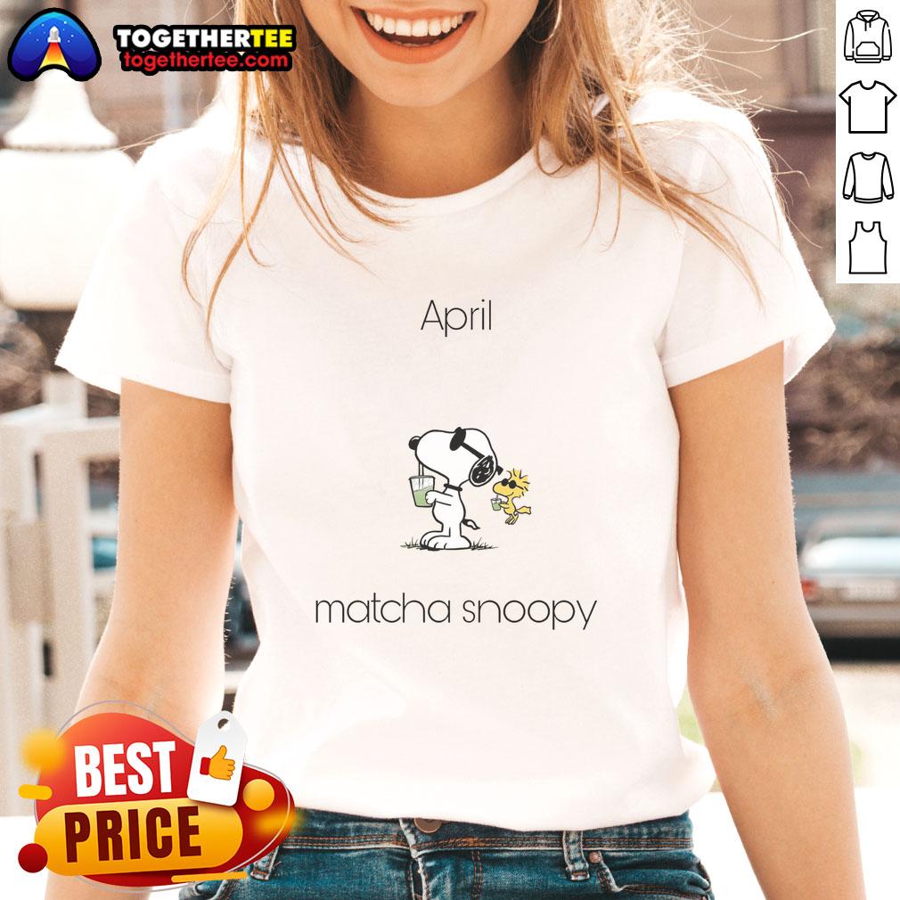 Pretty April Matcha Snoopy Woodstock Ladies Tee featuring a vibrant design of Snoopy and Woodstock in spring colors.