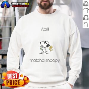 Alt Text: Pretty April Matcha Snoopy Woodstock sweatshirt in soft green, featuring Snoopy and Woodstock designs, perfect for spring.