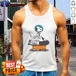 1982 Snoopy tank top featuring a colorful Pretty Astro Camp design, perfect for vintage fashion enthusiasts.