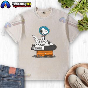 Vintage 1982 Snoopy washed t-shirt featuring a colorful astro camp design, perfect for retro fashion lovers.