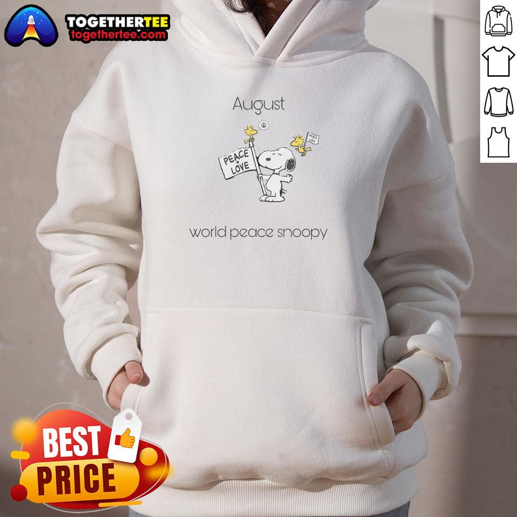 Pretty August World Peace Snoopy and Woodstock hoodie featuring vibrant colors and a playful design for peace lovers.