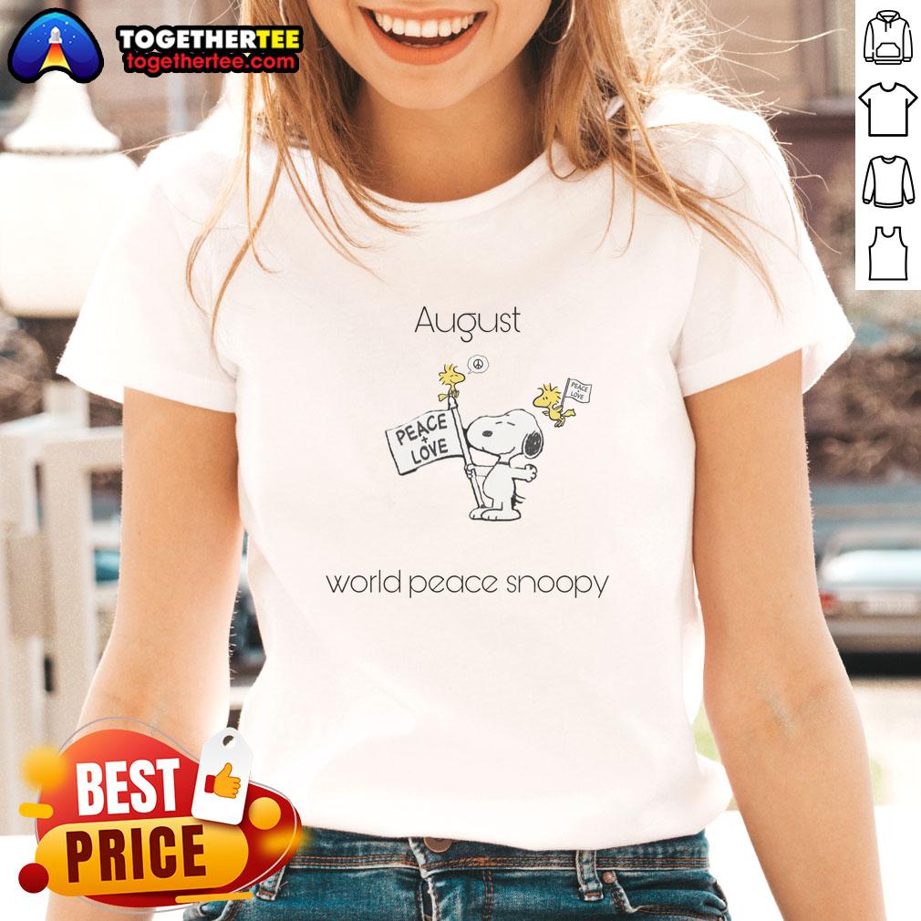 Pretty August World Peace Snoopy Woodstock ladies tee featuring vibrant graphics and a stylish design for peace lovers.
