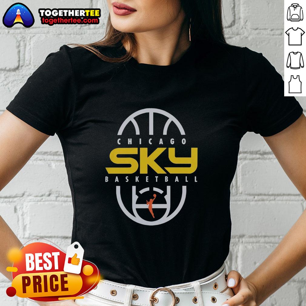Pretty Chicago Sky Basketball 2026 ladies tee featuring authentic practice logo on court background.