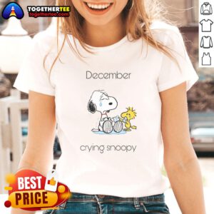 Alt Text: Pretty December Crying Snoopy and Woodstock graphic on a ladies tee, perfect for Peanuts fans this winter.