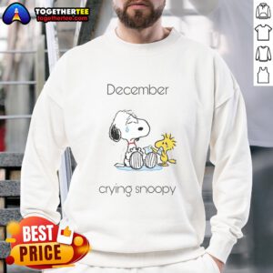 Alt Text: Cozy Pretty December Crying Snoopy Woodstock Sweatshirt featuring cute cartoon characters in winter attire.