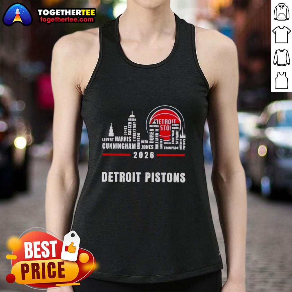 Pretty Detroit Pistons 2026 tank top featuring greatest of all time players against a city skyline backdrop.