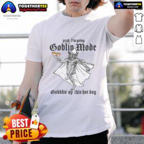 Funny 'Goblin Mode' hot dog t-shirt featuring playful goblin graphics, perfect for food lovers and humor enthusiasts.