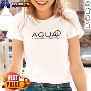 Top Agua Alkaline Hydration logo on a stylish ladies tee, promoting health and wellness through alkaline water.
