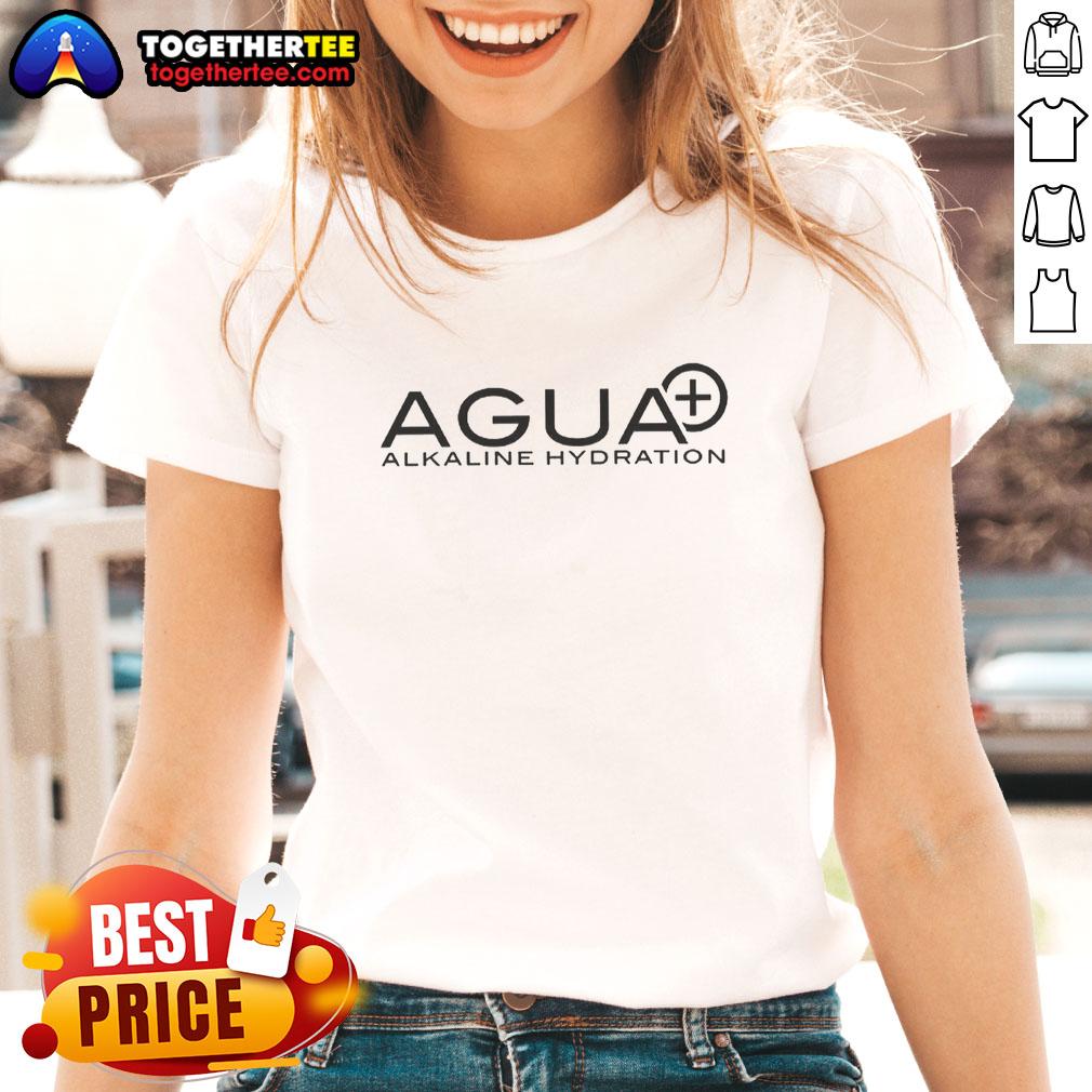 Top Agua Alkaline Hydration logo on a stylish ladies tee, promoting health and wellness through alkaline water.