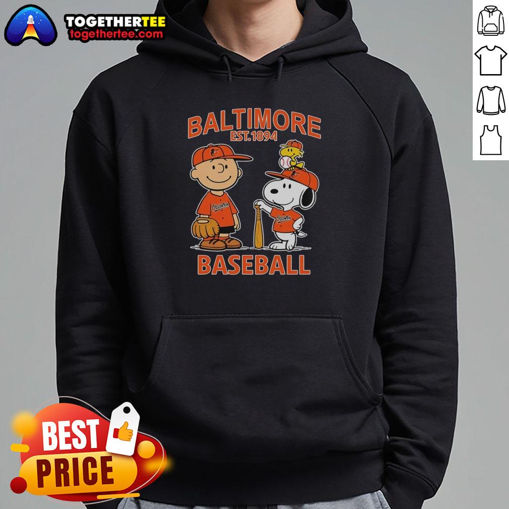 Alt Text: Charlie Brown, Snoopy, and Woodstock wearing a Baltimore Orioles baseball jersey (Est. 1894) on a cozy hoodie.