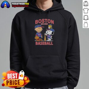 Charlie Brown, Snoopy, and Woodstock in Boston Red Sox jersey hoodie, celebrating baseball since 1901. Fun fan apparel!