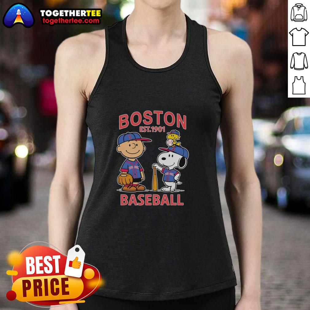 Charlie Brown, Snoopy, and Woodstock wearing Boston Red Sox baseball jersey tank top, established 1901.