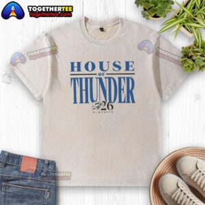 Alt Text: 2026 OKC Thunder Playoffs washed t-shirt featuring the Top House of Thunder design for fans.