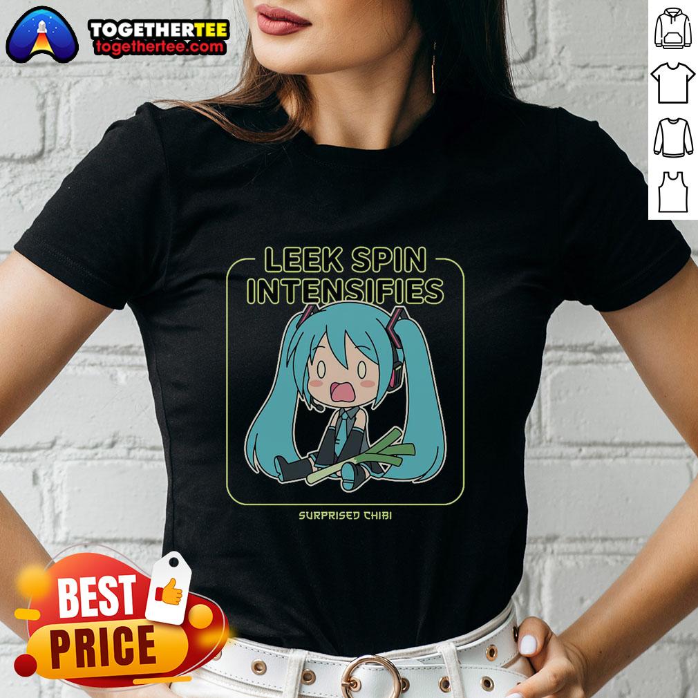 Surprised Chibi Miku on a ladies tee, showcasing a top leek spin intensifies design, perfect for anime fans.