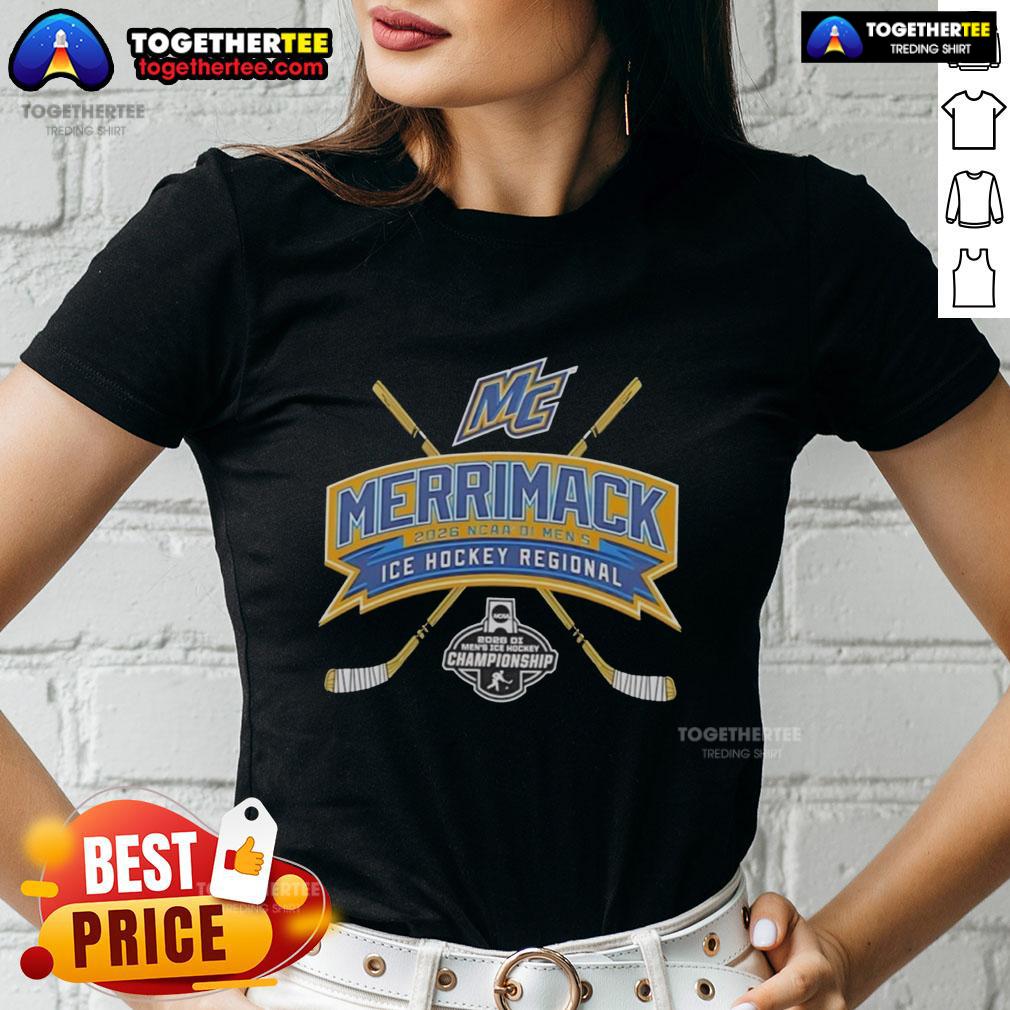 2026 NCAA Division I Men's Ice Hockey Regional Ladies Tee featuring Merrimack College logo and design.