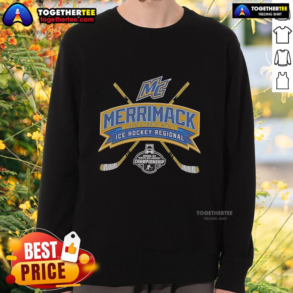 Merrimack 2026 NCAA Division I Men's Ice Hockey Regional sweatshirt in navy blue, featuring team logo and stylish design.