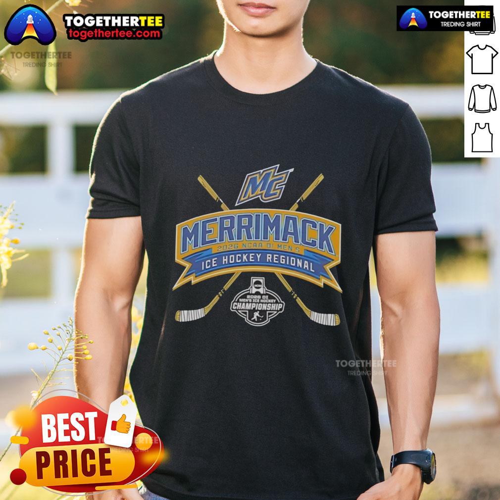 Top Merrimack 2026 NCAA Division I Mens Ice Hockey Regional T-Shirt featuring team colors and logo design.