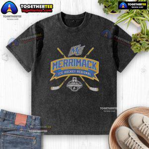 Top Merrimack 2026 NCAA Division I Men's Ice Hockey Regional Washed T-Shirt in navy blue, featuring team logo.