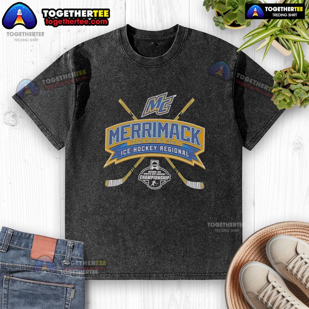 Top Merrimack 2026 NCAA Division I Men's Ice Hockey Regional Washed T-Shirt in navy blue, featuring team logo.