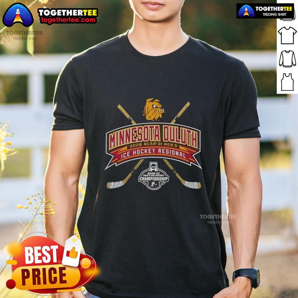 Alt Text: Top Minnesota Duluth 2026 NCAA Division I Men's Ice Hockey Regional T-Shirt featuring team colors and logo design.