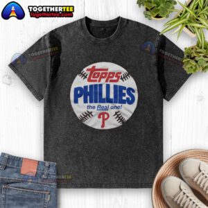 Awesome Philadelphia Phillies MLB X Topps Baseball The Real One Washed T-Shirt in red, showcasing team logo and vintage style.